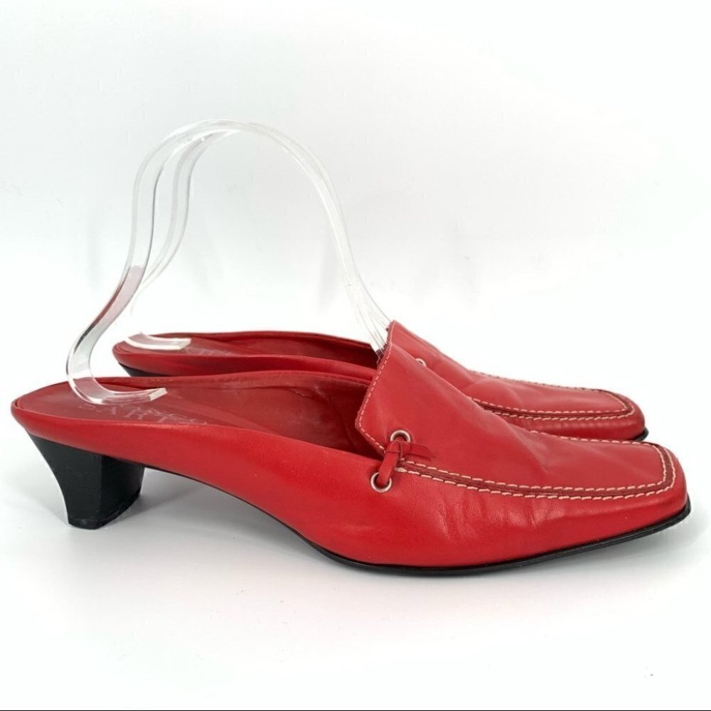 Franco sarto heels size 9 red leather square toe slip on mules vintage 90s